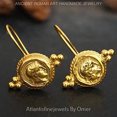 Turkish Alexander Coin Earrings Handmade Designer Jewelry By Omer 925 Sterling Silver 24 k Yellow Gold Plated