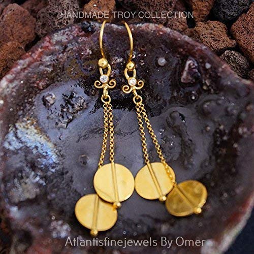 Turkish Troy Chain Earrings Handmade Designer Jewelry By Omer 925 Sterling Silver 24 k Yellow Gold Plated