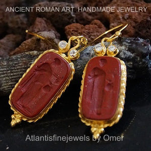 Ancient Art Handmade 925 k Silver Intaglio Earrings 24 k Gold Vermeil By Omer