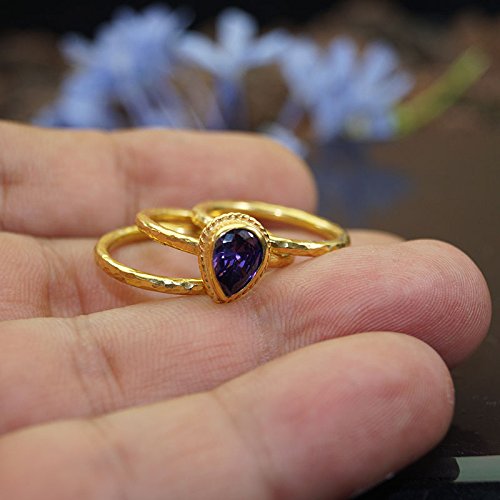 Turkish Hammered Amethyst Stack Ring Set 925 Sterling Silver 24 k Yellow Gold Plated