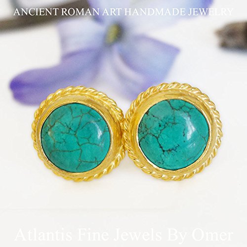 Turkish Turquoise Stud Earrings Handmade Designer Jewelry By Omer 925 Sterling Silver 24 k Yellow Gold Plated