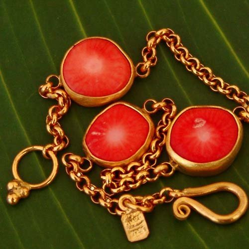 Red Coral Designer Bracelet By Omer 24k Yellow Gold Over Sterling Silver