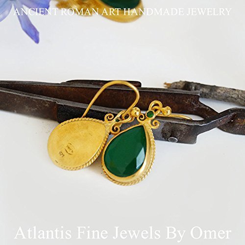 Large Green Jade Earrings By Omer 24 k Gold Over Sterling Silver Handmade