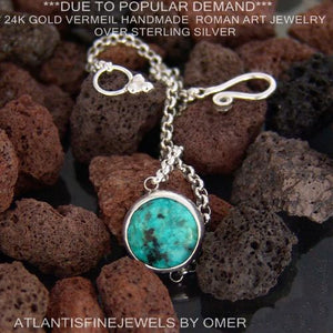 925k Sterling Silver Handmade Designer Link Bracelet W/Turquoise By Omer