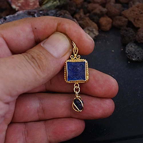 Omer Genuine Venetian İntaglio & Sapphire Pendant 24k Gold Vermeil 925 K Silver
