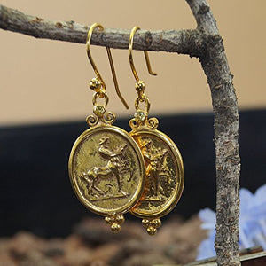 Omer Centaur Coin Earrings w/Onyx Turkish 925 k Sterling Silver 24k Gold Vermeil