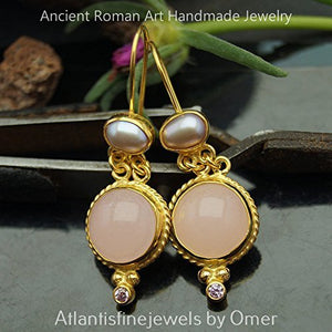 Turkish Pink Quartz Earrings Handmade Designer Jewelry By Omer 925 Sterling Silver 24 k Yellow Gold Plated