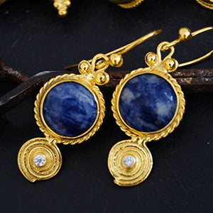 Turkish Sodalite Earrings Handmade Designer Jewelry By Omer 925 Sterling Silver 24 k Yellow Gold Plated