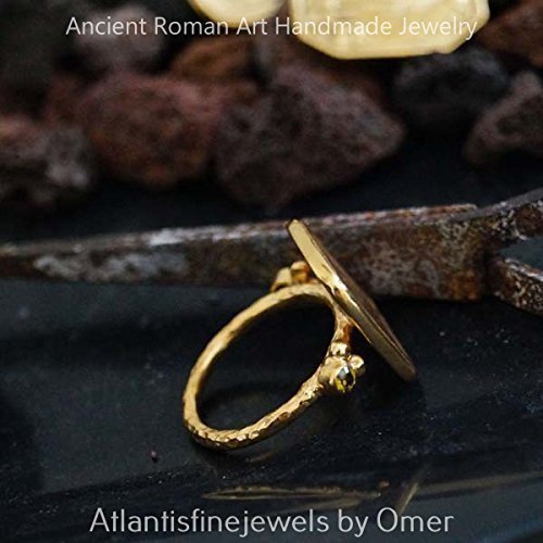 Handmade Ancient Art Peridot Coin Ring By Omer 24k Gold Vermeil 925 k Silver