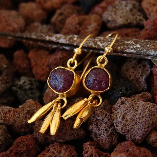 Roman Art Rough Ruby Designer Earrings By Omer 24 k Yellow Gold Over 925 Silver