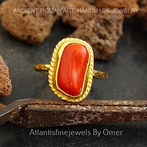 Turkish Coral Ring Handmade Designer Jewelry By Omer 925 Sterling Silver 24 k Yellow Gold Plated