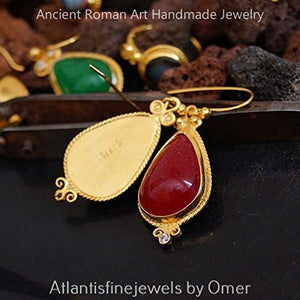 Handmade Roman Art Large Red Jade Earrings 24 k Gold Over 925 k Sterling Silver