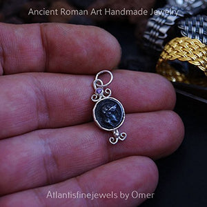 Amethyst Pendant w/ Oxidized Coin 925 Sterling Silver By Omer Turkish Jewelry