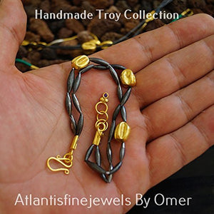 2 Tone Sterling Silver Handmade Ancient Troy Grain Bracelet 24k Gold Vermeil & O