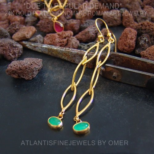 925 Silver Designer Handmade Long Emerald Earrings Omer 24k Yellow Gold Vermeil