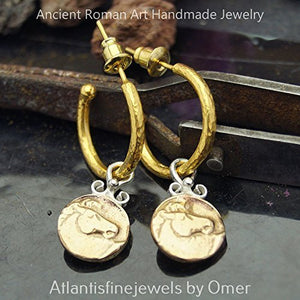Turkish Horse Charm Earrings Handmade Designer Jewelry By Omer 925 Sterling Silver 24 k Yellow Gold Plated