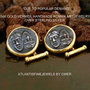 Handmade Silver Coin Cufflinks 24k Yellow Gold Over 925k Sterling Silver By Omer