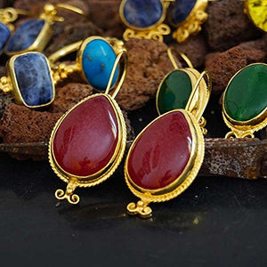 Omer 925 Silver Handmade Roman Art Designer Red Jade Earrings 24k Gold Plated