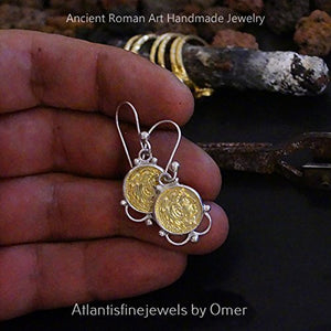 2 Tone Handmade Roman Art Coin Earrings By Omer 24 k Gold Over 925 k Fine Silver