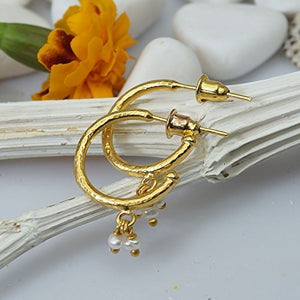 Omer Roman Art Hoop Pearl Charm Earrings 24 K Gold Over 925 K Sterling Silver