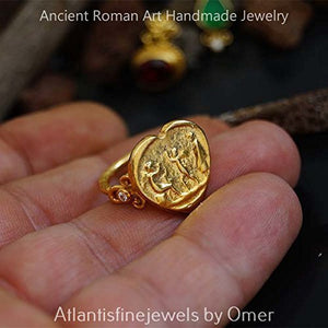Turkish Handmade Roman Art Ring 925 Sterling Silver 24 k Yellow Gold Plated