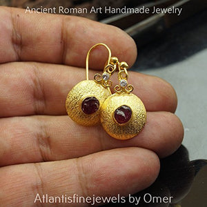 Roman Art Dangle Rough Ruby Earrings 24k Gold Over Sterling Silver By Omer Turkish Handcrafted Fine Jewelry