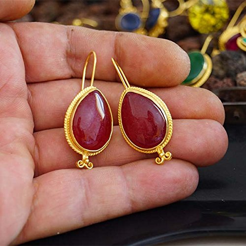 925 Silver Handmade Roman Art Designer Red Jade Earrings 24k Gold Plated Omer