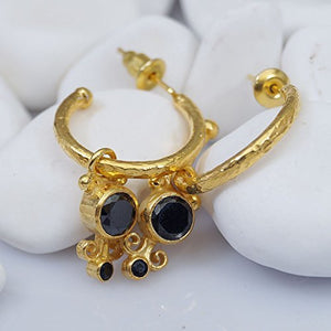 Hammered Hoop Earrings & Black Onyx Charms 24 k Yellow Gold Over Sterling Silver