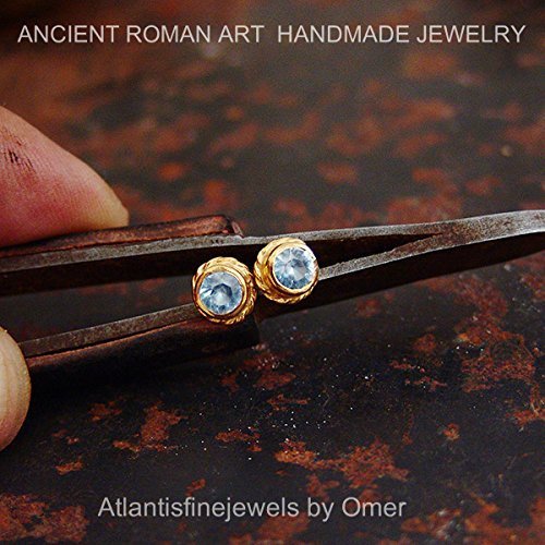 Aquamarine Stud Earrings By Omer 24k Gold over 925k Sillver Handmade Roman Art