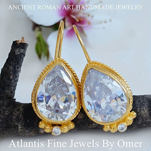 Turkish White Topaz Earrings Handmade Designer Jewelry By Omer 925 Sterling Silver 24 k Yellow Gold Plated
