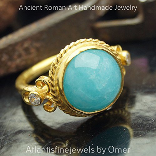 Turkish Blue Chalcedony Ring Handmade Designer Jewelry By Omer 925 Sterling Silver 24 k Yellow Gold Plated