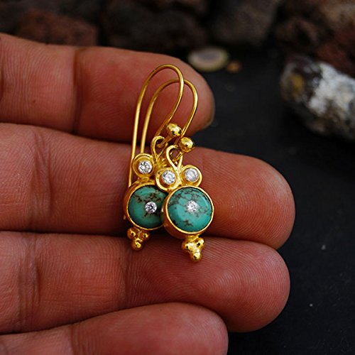 925 K Silver Handmade Turquoise Hook Earrings W/Topaz 24 k Gold Vermeil By Omer Turkish Jewelry