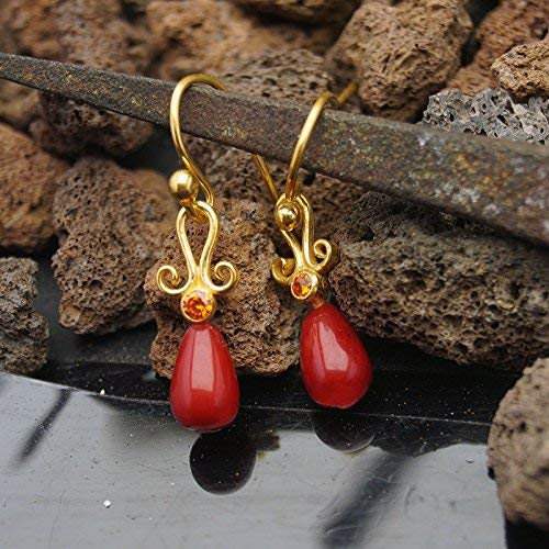 Omer 925 k Silver Handmade Turkish Jewelry Red Jade Dainty Gold Artisan Earrings