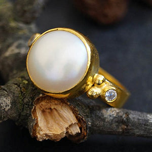  Turkish Pearl Ring Handmade Designer Jewelry By Omer 925 Sterling Silver 24 k Yellow Gold Plated