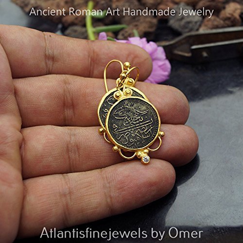 Handmade Large Ottoman Script Coin Earrings By Omer 24k Gold Over 925 k Silver