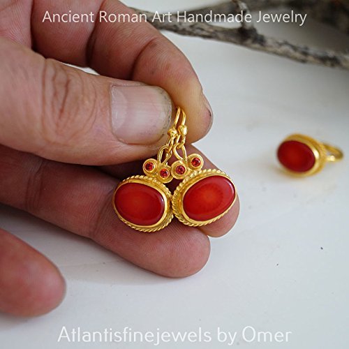 Coral & Orange Topaz Earrings 24 k Gold Over 925 k Sterling Silver By Omer