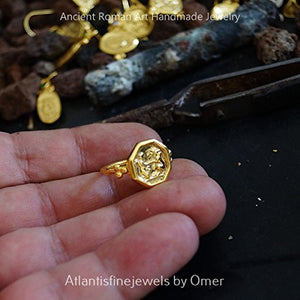 Roman Art Handmade Granulated Coin Ring By Omer 24k Gold Over 925k Sillver