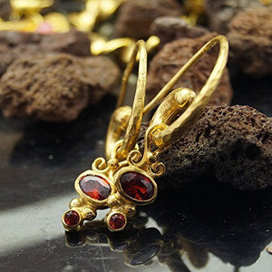 Garnet Charm Hammered Horn Earrings 24 k Gold over 925 k Silver Design By Omer