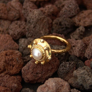 925 k Sterling Silver Granulated Pearl Ring 24k Yellow Gold Vermeil, Turkish Jew