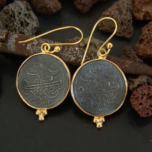 Turkish Oxidized Coin Earrings Handmade Designer Jewelry By Omer 925 Sterling Silver 24 k Yellow Gold Plated