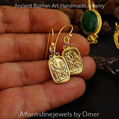 Handmade Ancient Roman Art Amethyst Coin Earrings By Omer 925k Sterling Silver