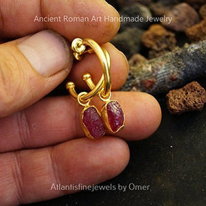 Omer Handmade Hoop Earrings W/ Raw Red Ruby Charms 24 k Gold Over 925 k Silver