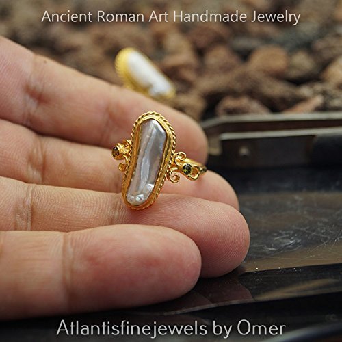 Peridot & Pearl Ring Sterling Silver Hammered Ancient Roman 24k Gold Vermeil Turkish Handcrafted Jewelry