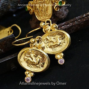 925 k Sterling Silver Handmade Roman Art Pink Topaz Warrior Coin Hook Earrings By Omer