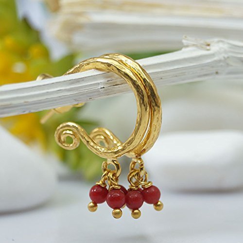 Turkish Coral Earrings Handmade Designer Jewelry By Omer 925 Sterling Silver 24 k Yellow Gold Plated