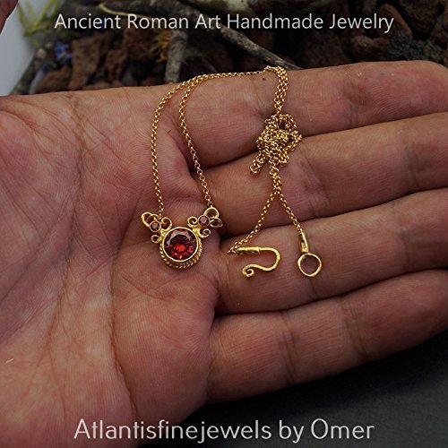 Roman Art Red Garnet Necklace 24k Gold Vermeil Sterling Silver Fine Turkish Jewe