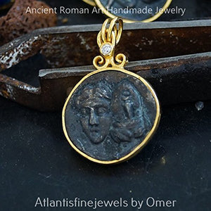OXIDIZED GREEK ART COIN PENDANT BY OMER 24K GOLD OVER 925 K STERLING SILVER