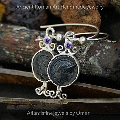 Turkish 925 k Fine Silver Handmade Amethyst Earrings W/ Oxidized Alexander Coin Design  By Omer
