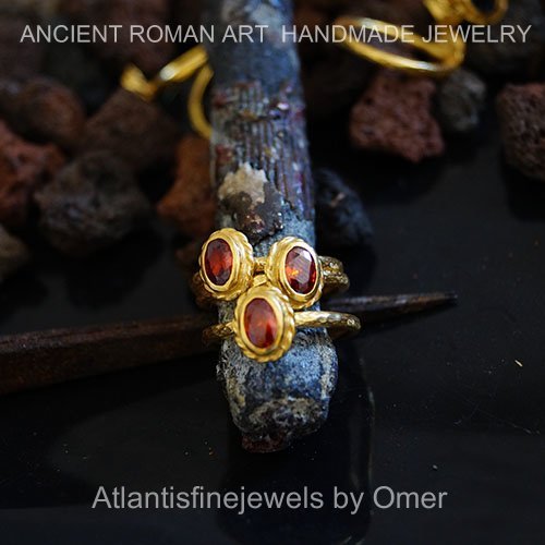 1 pcs Ancient Art Oval Garnet Stack Rings 24k Gold Over Sterling Silver By Omer