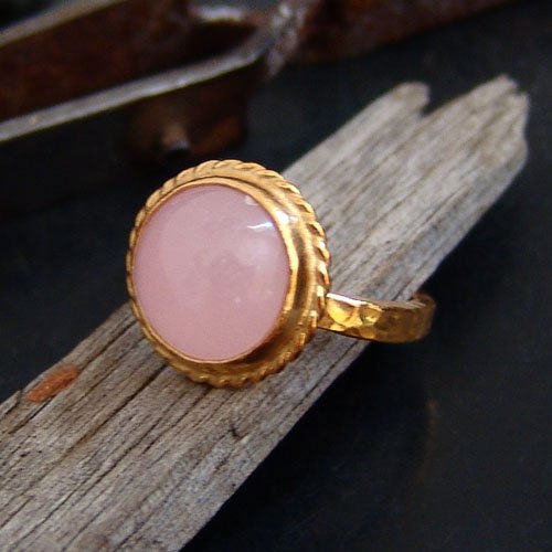 Turkish Pink Quartz Ring Handmade Designer Jewelry By Omer 925 Sterling Silver 24 k Yellow Gold Plated